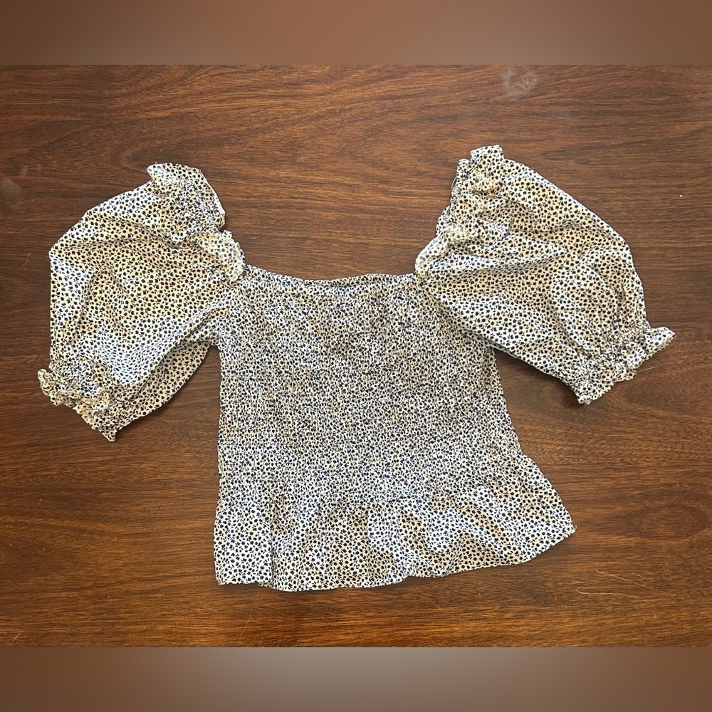 Topshop White Smocked Blouse with Navy Floral Print